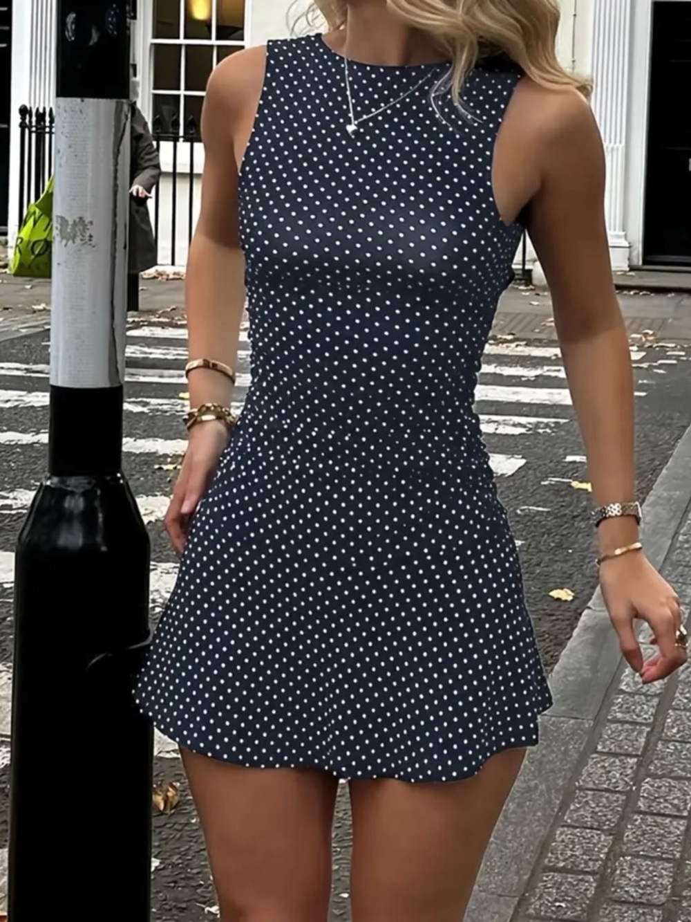 Sleeveless Navy Polka Dot Mini Dress